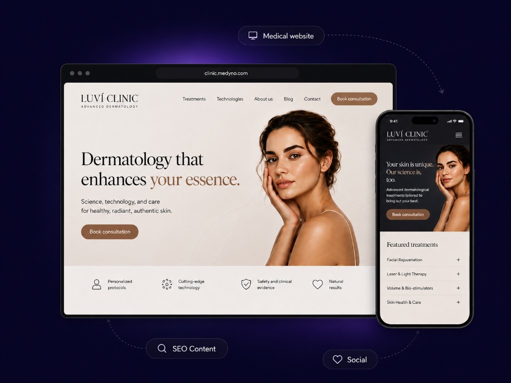 Clínica Luví — Advanced Dermatology website on desktop and mobile